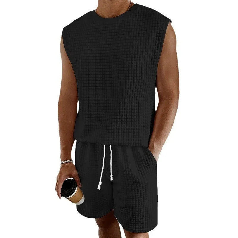 Männer Kurze Sets Casual Oansatz Ärmellose Waffel Westen Tops & Hohe Elastische Taille Kordelzug Breite Bein kurze Anzüge CBFS-2447